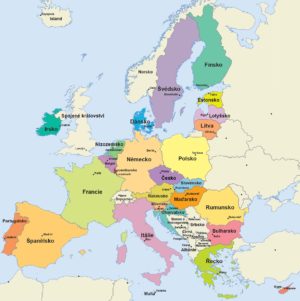 Mapa členských zemí EU včetně hlavních měst jednotlivých států