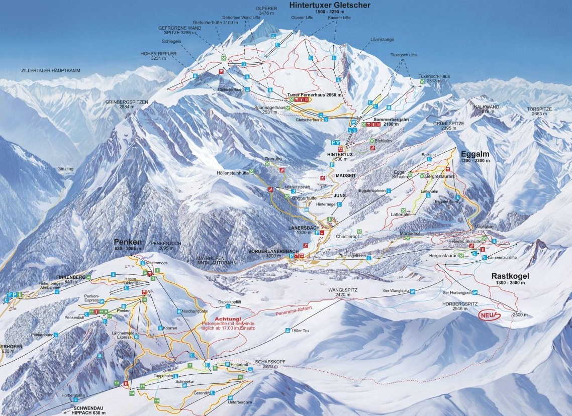 Ledovec Hintertux v Rakousku mapa areálu