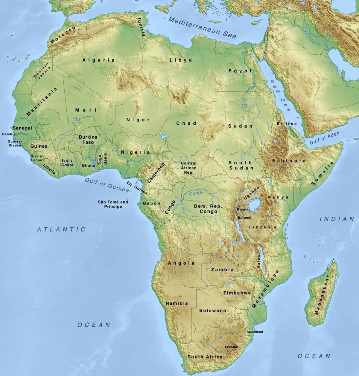 Fyzická mapa Afriky státy světa v Africe na mapě