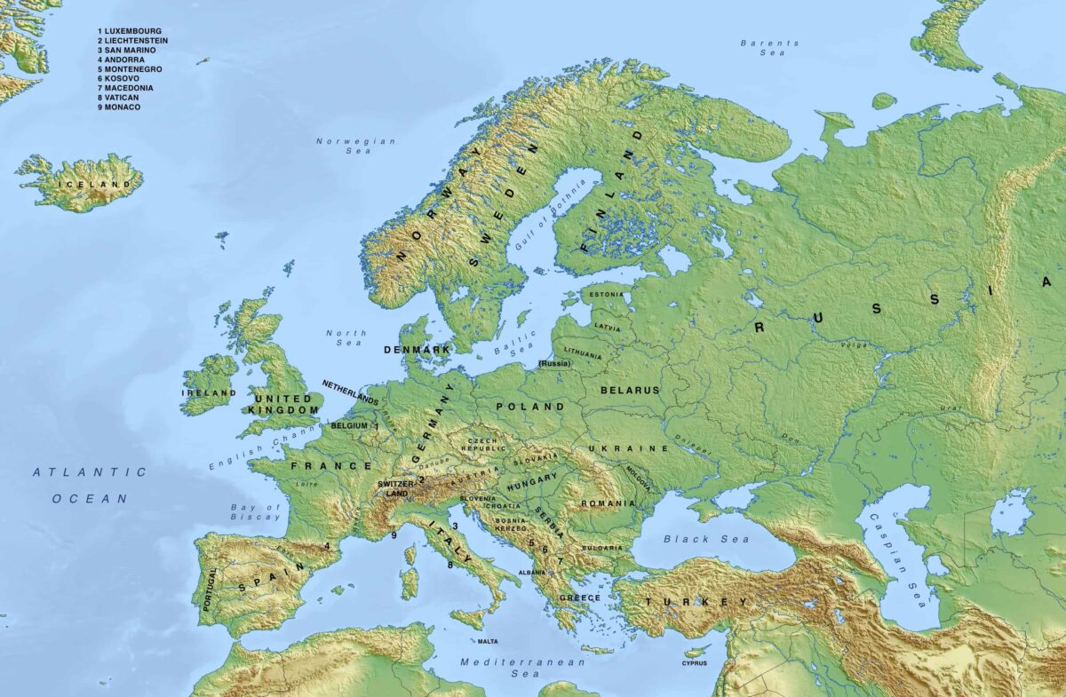 Fyzická mapa Evropy geografická online