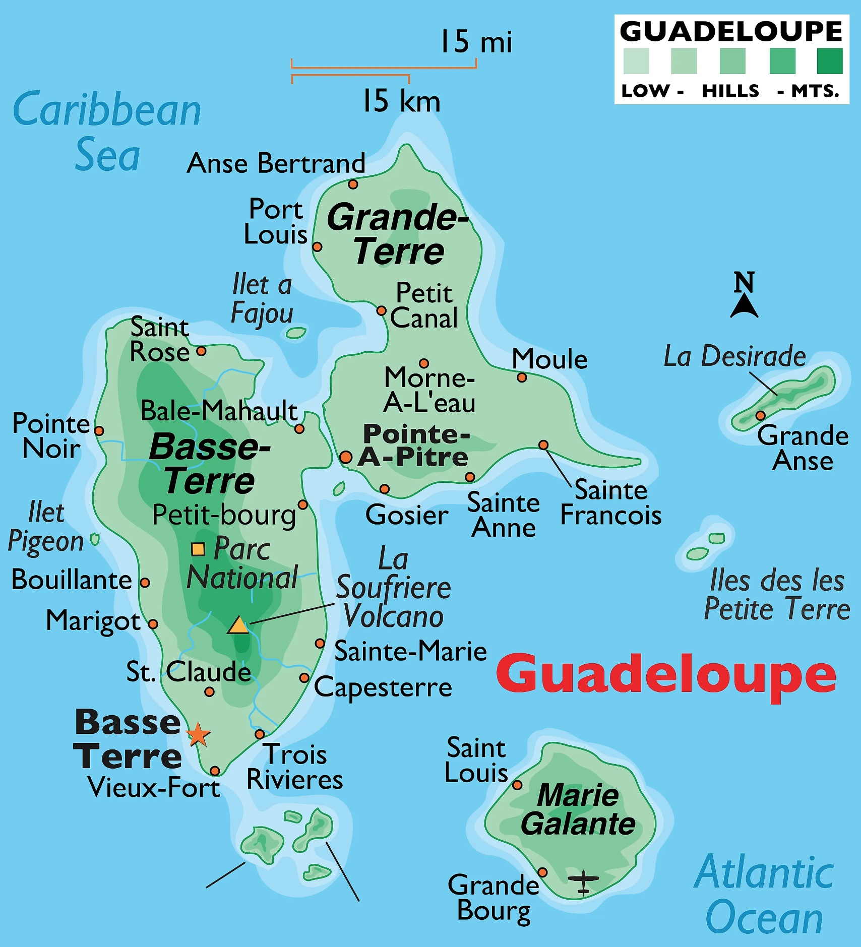 Mapa Guadeloupe a názvy měst