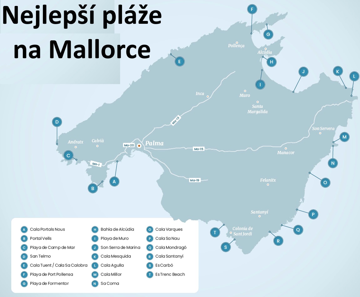 Mapa pláže Mallorca nejlepší koupání na mapě