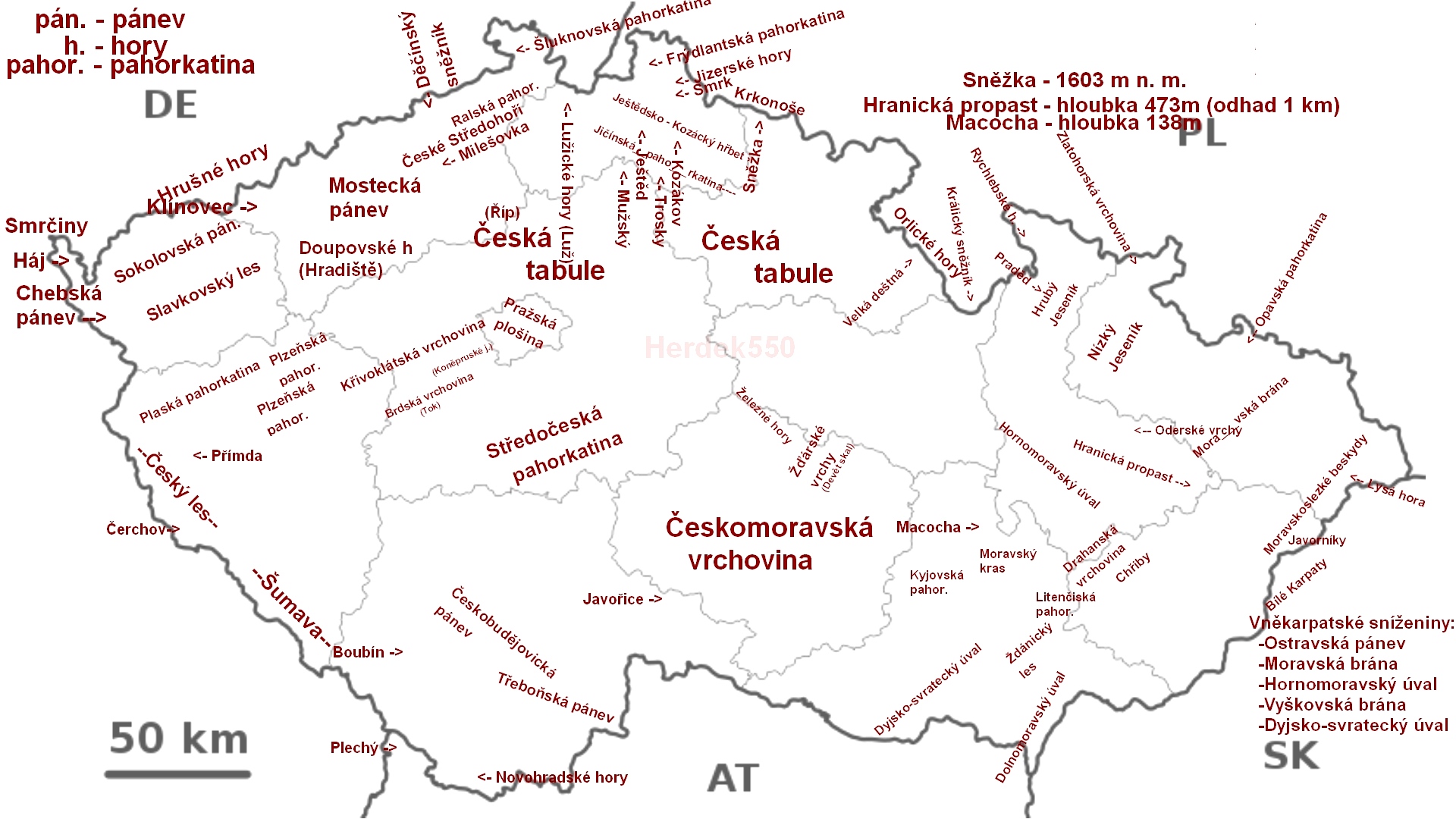 Pahorkatiny hory a pánve v ČR Mapa