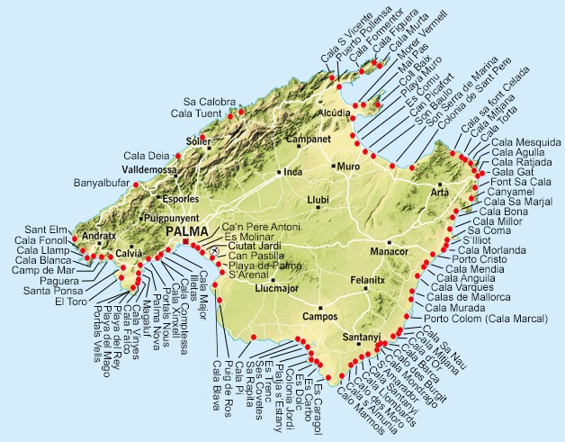 Všechny pláže na mapě u pobřeží Mallorky